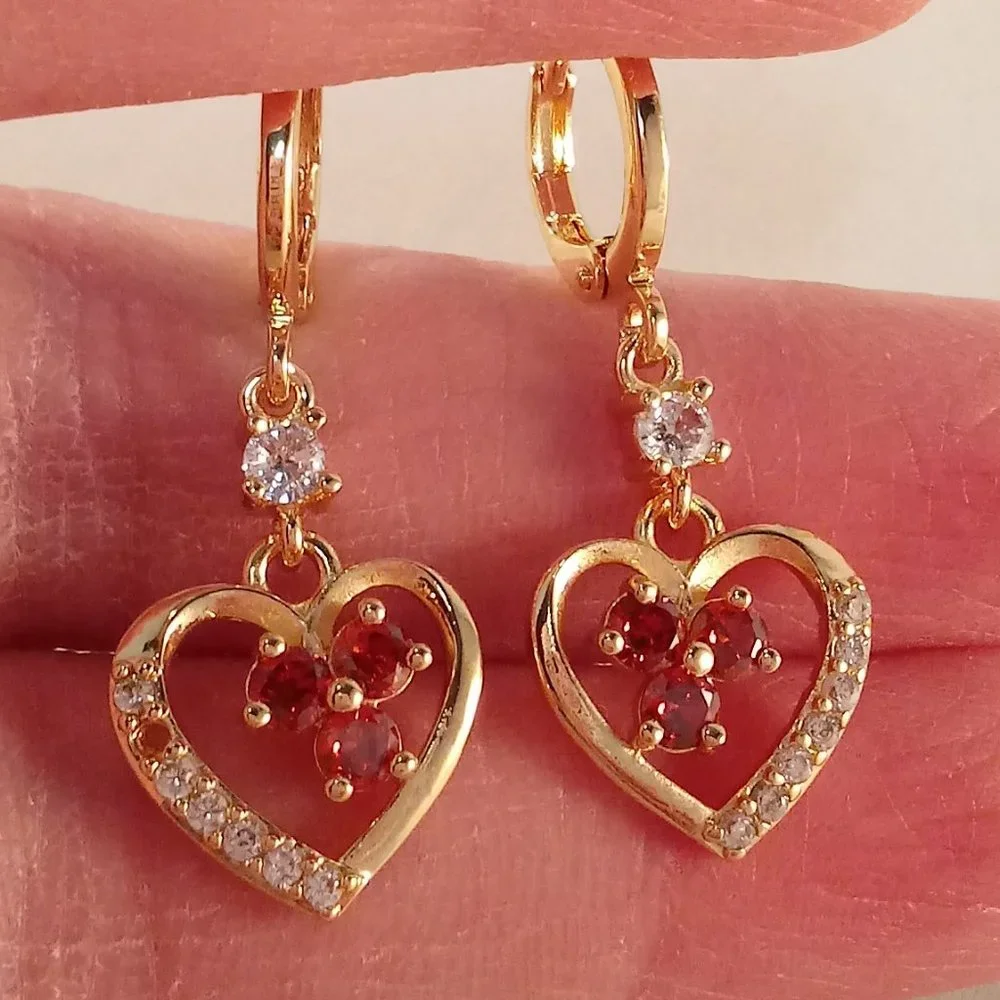 18K Yellow Gold Filled Ruby Red Diamond Zircon Heart Flower Dangle Earrings Gift